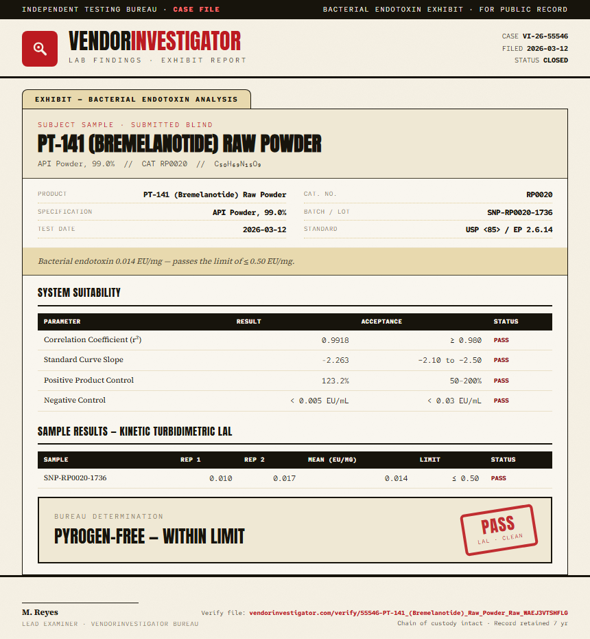 PT-141 (Bremelanotide) Raw Powder Endotoxin report by VendorInvestigator