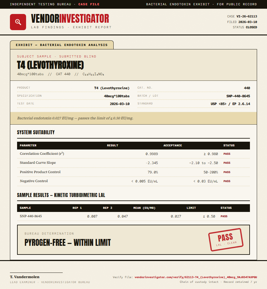T4 (Levothyroxine) Endotoxin report by VendorInvestigator