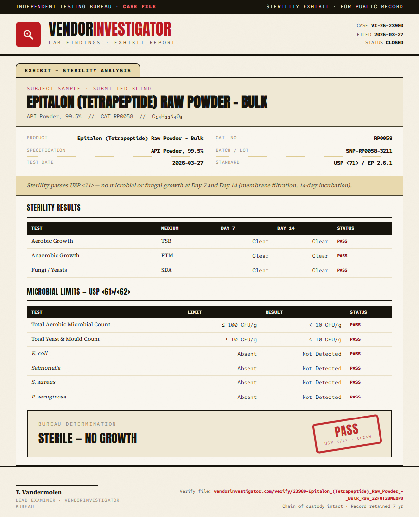 Epitalon (Tetrapeptide) Raw Powder - Bulk Sterility report by VendorInvestigator