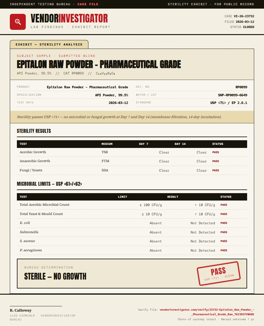 Epitalon Raw Powder - Pharmaceutical Grade Sterility report by VendorInvestigator