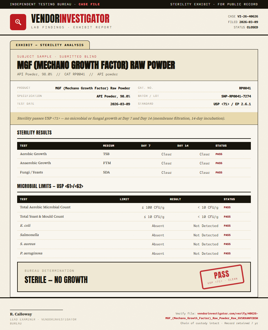 MGF (Mechano Growth Factor) Raw Powder Sterility report by VendorInvestigator